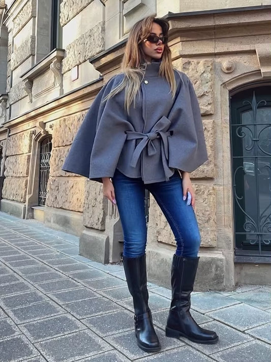 Elegant Lace up Fur Women'S Jacket Long Sleeve High Neck Loose Female Coat 2025 Autumn Winter Fashion Gray Lady Warm Outwears