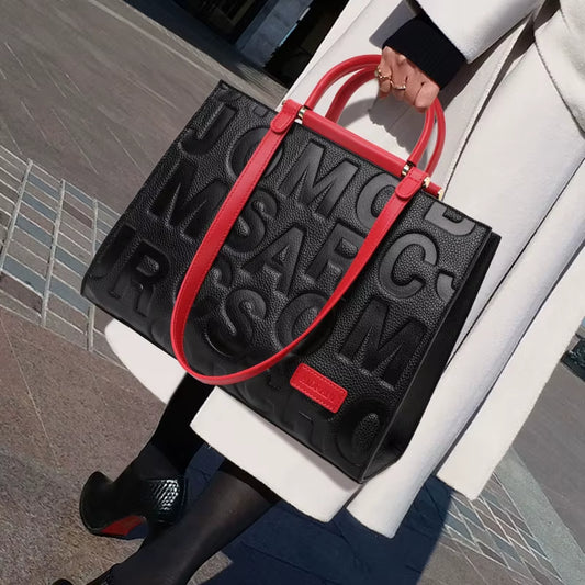 2024 New Large Capacity Contrast Letter Printed Women'S Handbag High End Cowhide Mom'S Bag